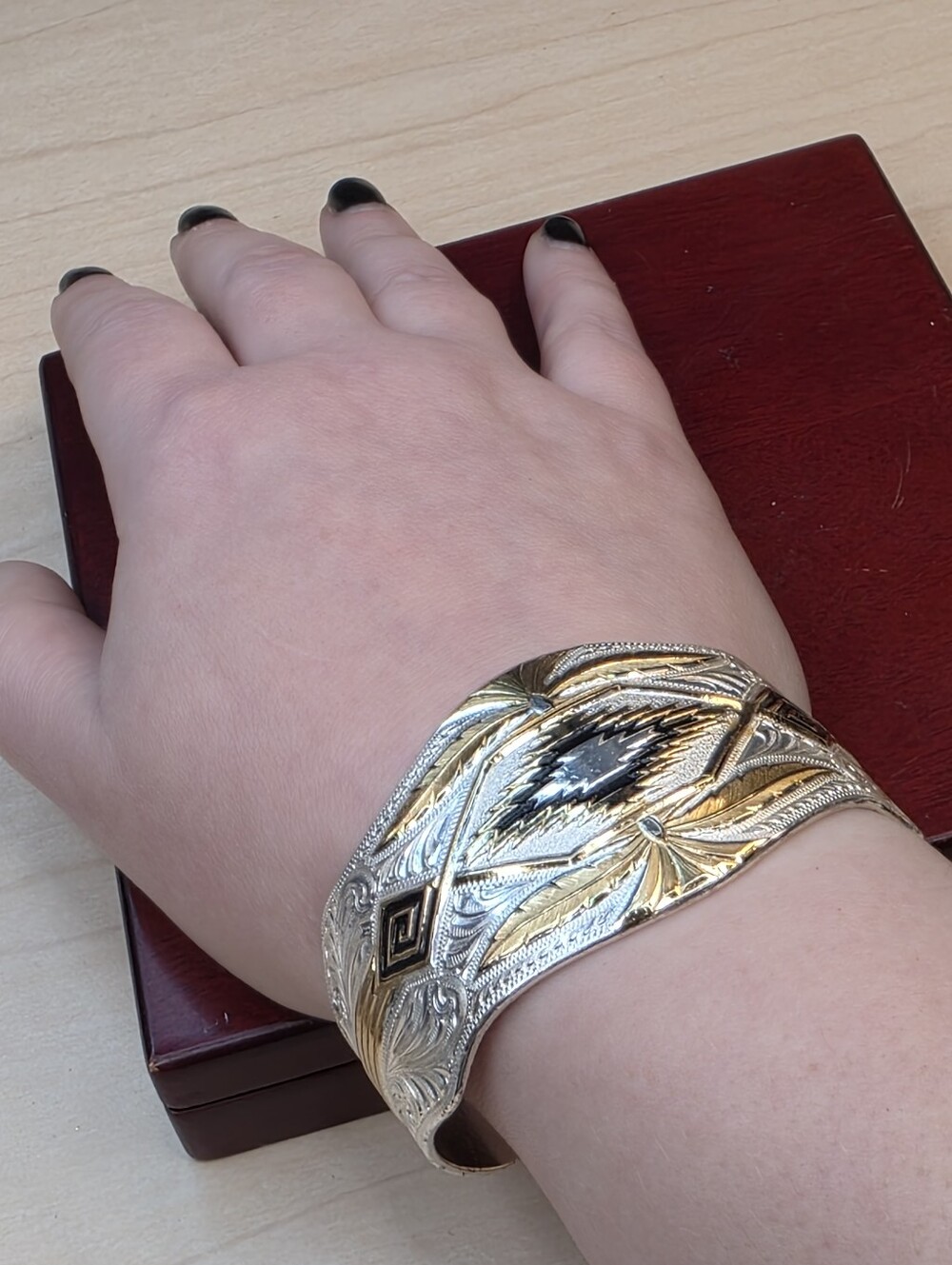 Montana Silversmiths Southwest Cuff Bracelet Aztec Geometric Silver Plate